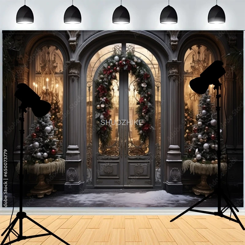 يوم عيد الميلاد Wreach ندفة الثلج خلفيات للتصوير الفوتوغرافي الباب الأمامي شتاء السنة الجديدة كوخ غرفة المعيشة الديكور خلفية DD-01