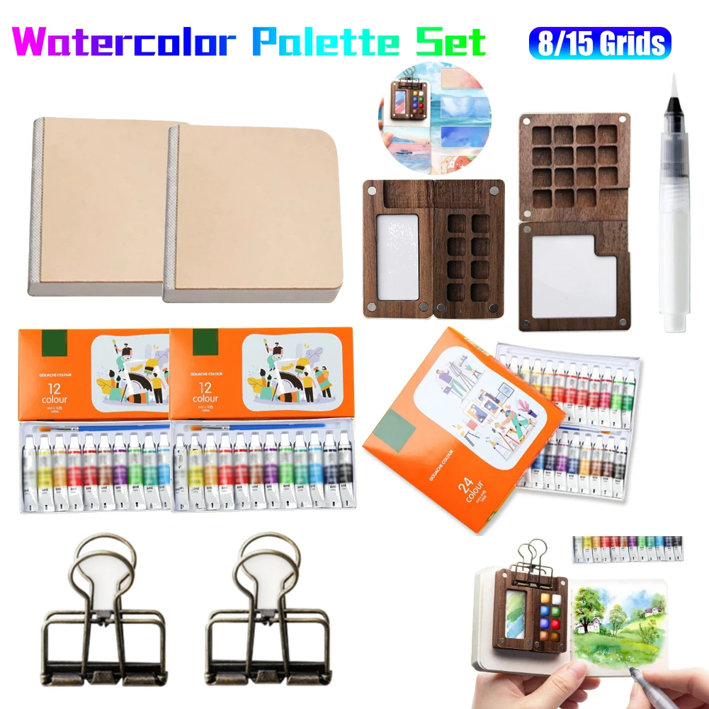 

Portable Travel Watercolor Palette Set Pocket Artist Watercolor Set Mini Walnut Paint Box Students Travel Sketching Art Supplies