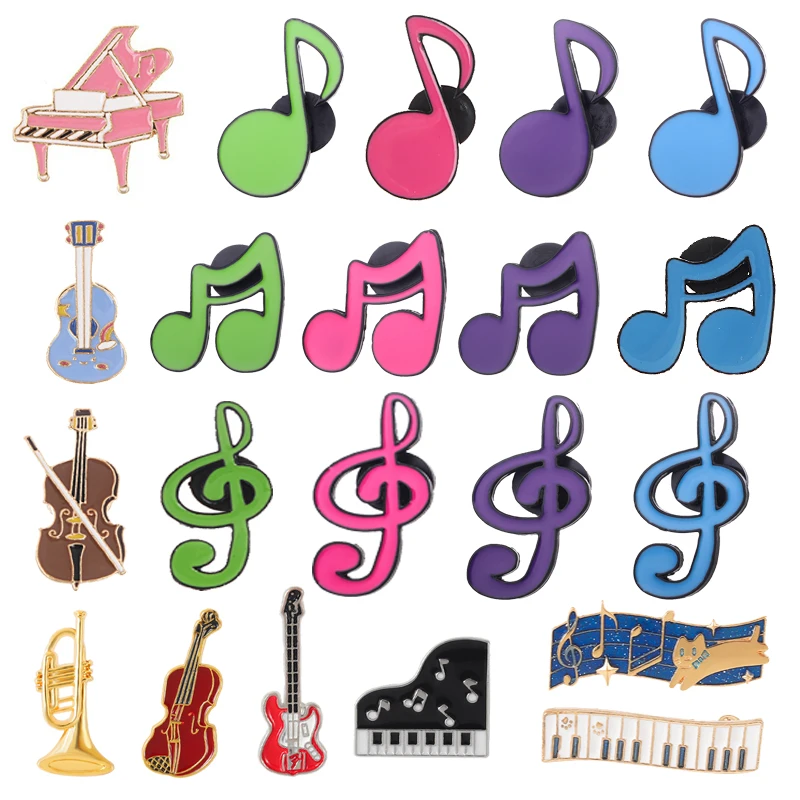 

Креативные эмалевые значки с музыкальными символами: пианино, гитара, скрипка, ноты. Броши-значки для одежды, украшения для лацканов, подарки для друзей.