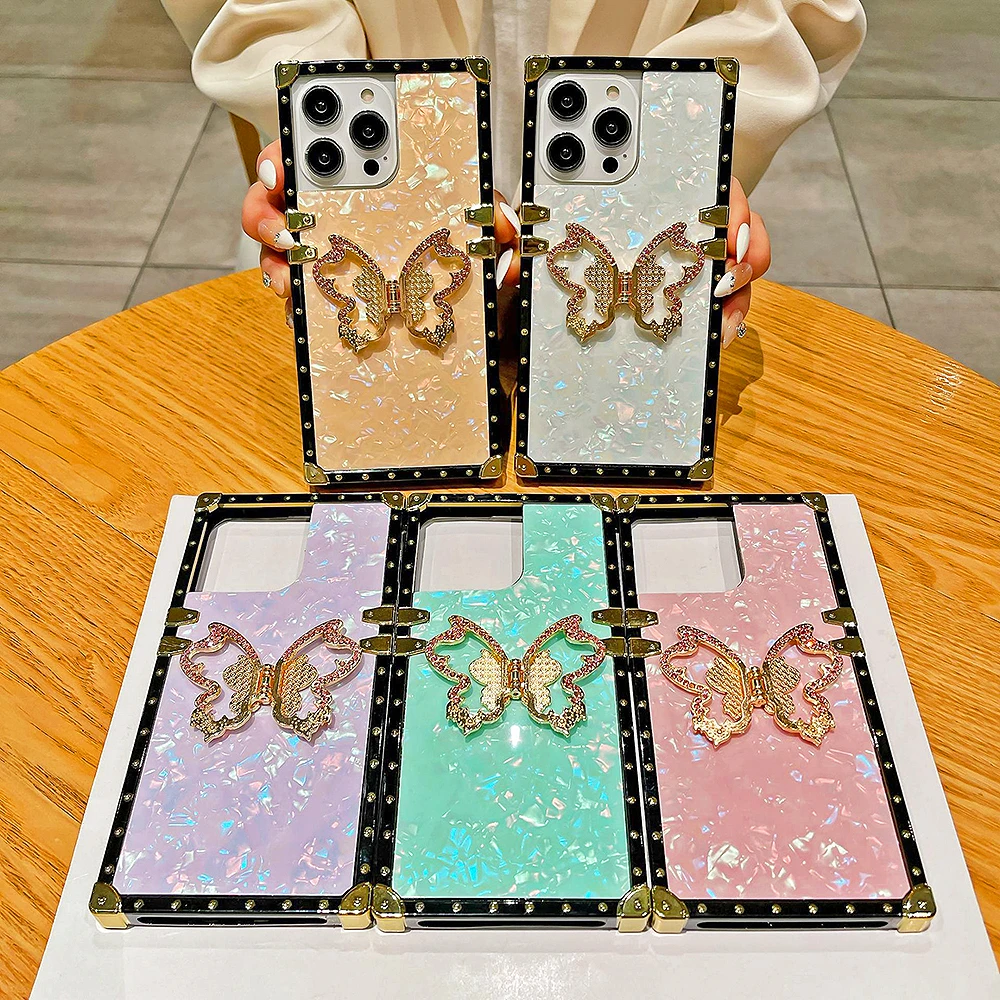 Fashion Glitter Diamond Butterfly Rack Square Phone Case For iPhone15 14 13 12 11 Pro Max X XR XS 6S 7 8Plus Conch Pattern Cover