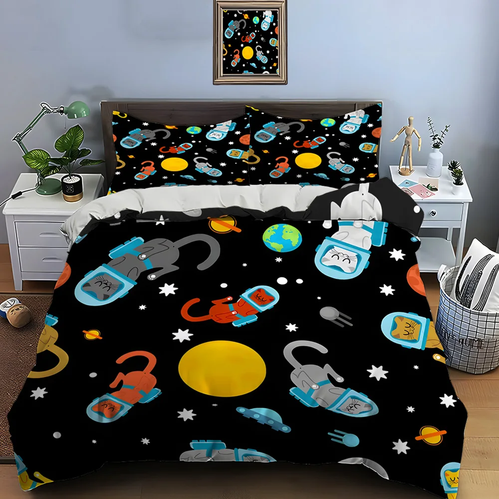 Astronaut Cats Planet Background Bedding Set for Kids Luxury Gift 3pcs Digital Print Comforter Set Soft Comfortable Breathable