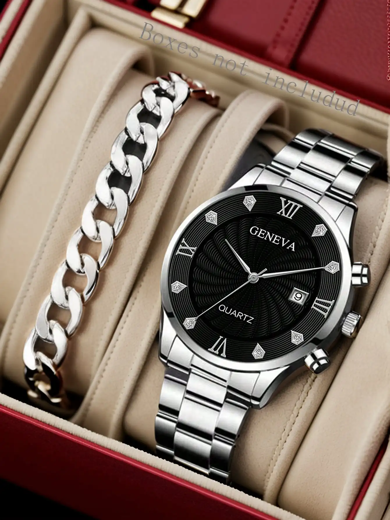 

Мужские часы серебристого цвета из нержавеющей стали и браслет-цепочка с черным циферблатом, римскими цифрами и окошком для даты