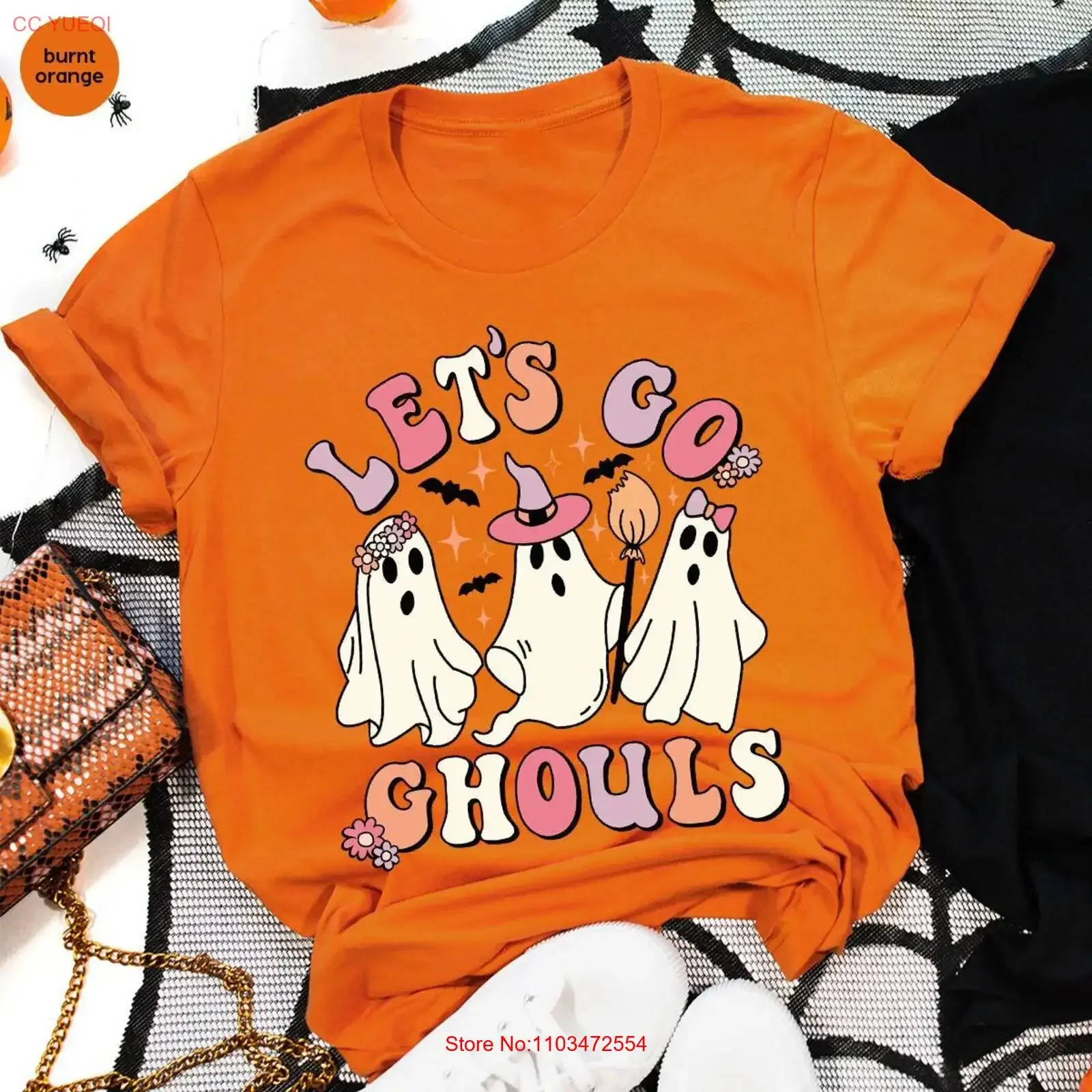 Kinder-Retro-Halloween-T-Shirt mit Rundhalsausschnitt für Damen, Vintage-Stil, Herbstmotiv, Ghost Let's Go Ghouls, Vintage-Waschung, Unisex, stilvolle Grafik