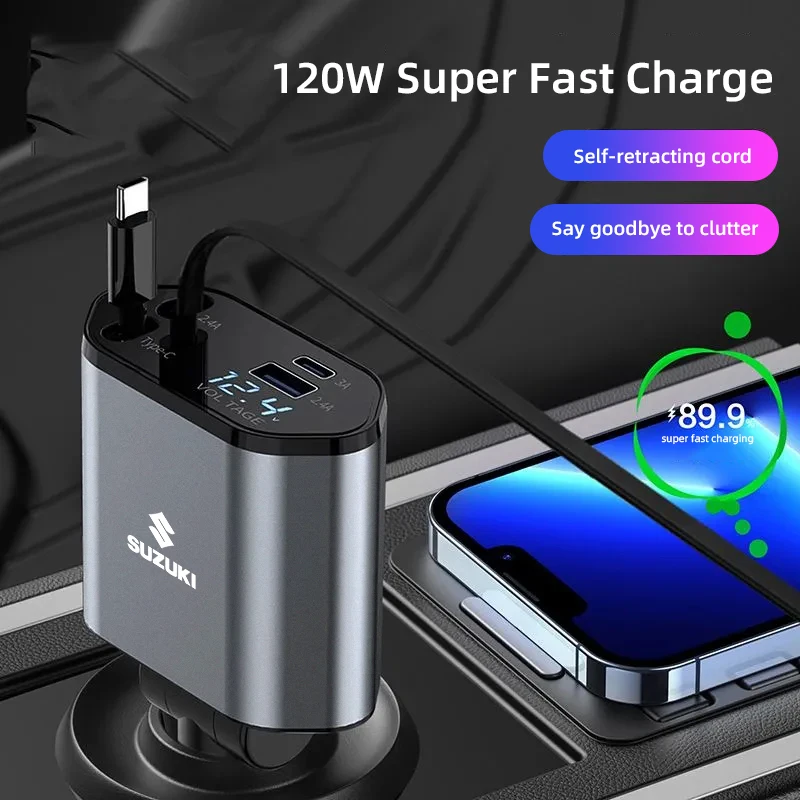 

Автомобильное зарядное устройство 120 Вт, прикуриватель, быстрая зарядка QC3.0 PD USB Type C для Suzuki Swift Ignis Alto Splash Baleno Jimny, автомобильное зарядное устройство для телефона ﻿ ﻿