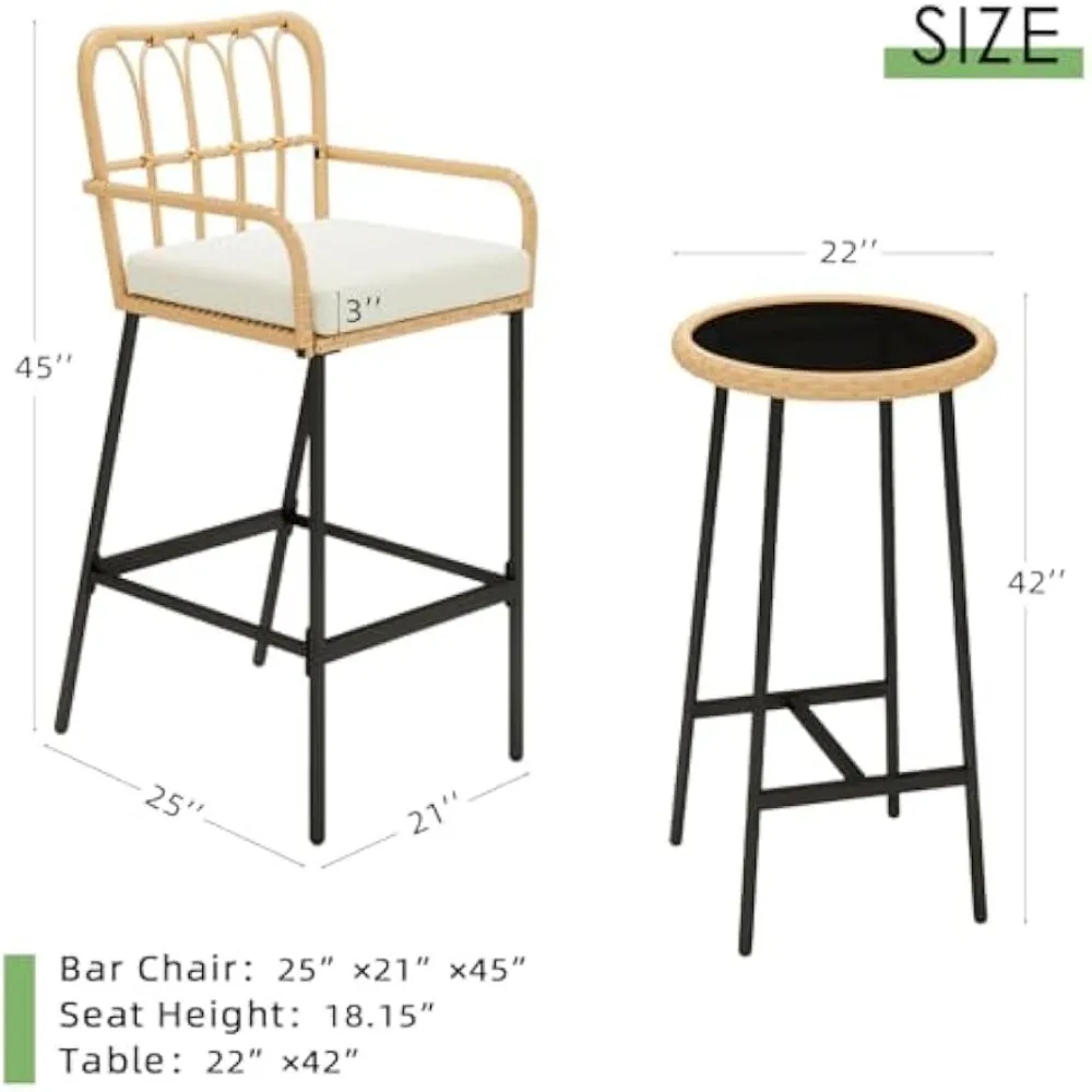 3 Pieces Patio Bar Table Set, Outdoor Wicker Bar, All Weather Height Bar Stools and Table Set, for Garden, Deck, Balcon