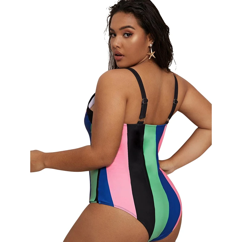 2023 Swimsuit One Plus Size Swimwear Women One-piece Suits Beachwear Color Block Summer V-neck Bathing Suit Female 4XL