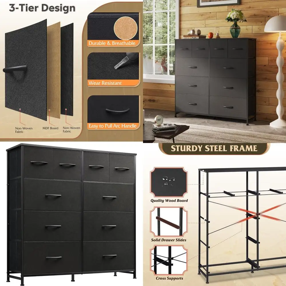 

10-Drawer Fabric Tall Chest for Bedroom, Clothing Storage Tower with Wooden Top and Metal Frame, Sleek Black Dresser for Living