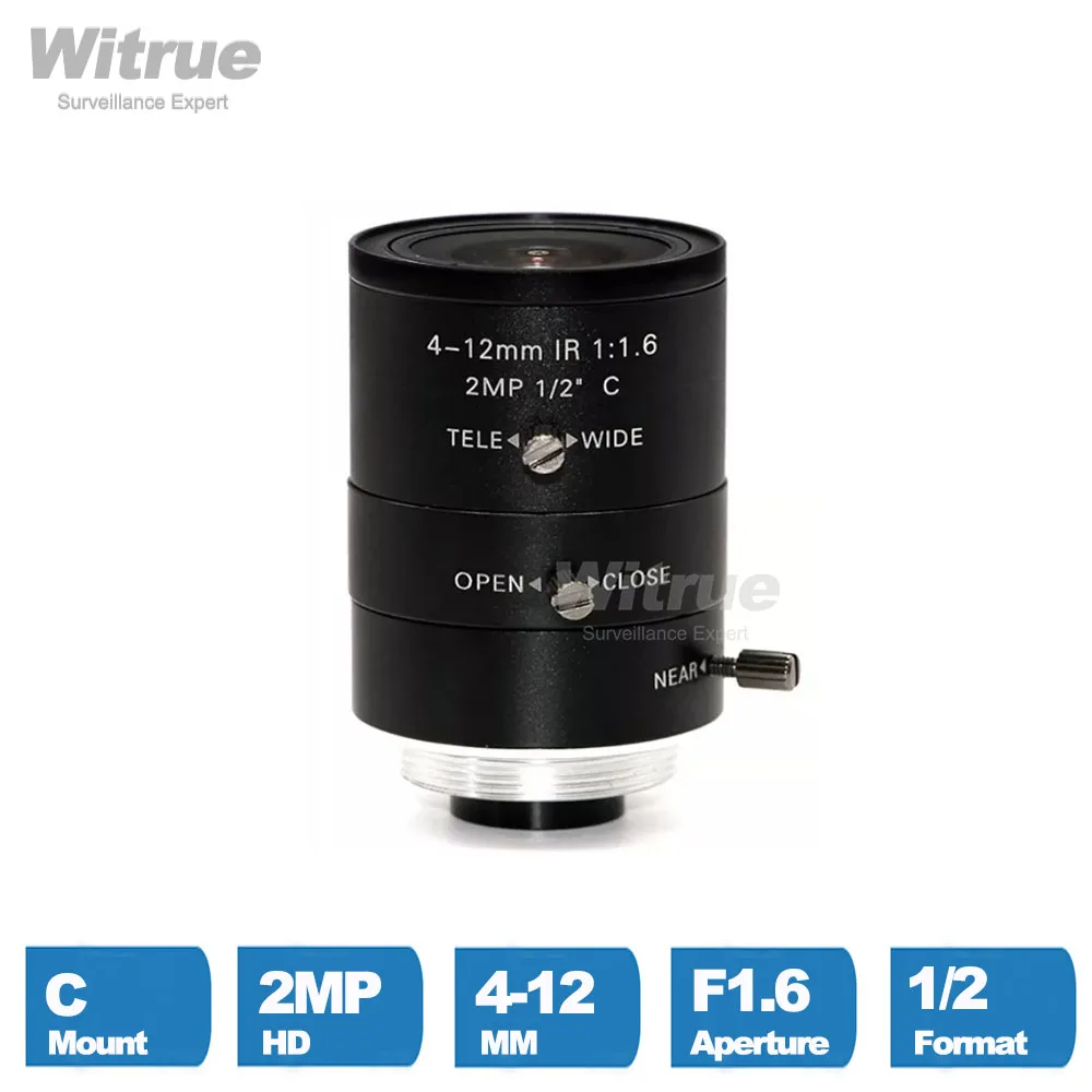 Witrue HD 2MP C Mount Varifocal CCTV Lens 4-12MM F1.6 1/2 for Security Cameras