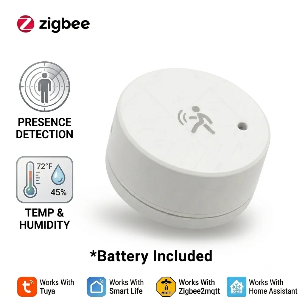 Tuya Zigbee Human Presence Sensor 24G MmWave Radar, Temperature Humidity Luminance Detection Support Zigbee2mqtt Home Assistant