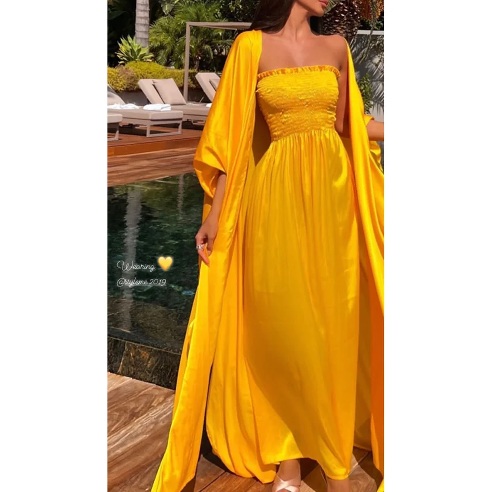 

Yellow Gorgeous Strapless Sleeveless Single Dress Floor Length Women Evening Gowns Party Skir Banquet Custom
