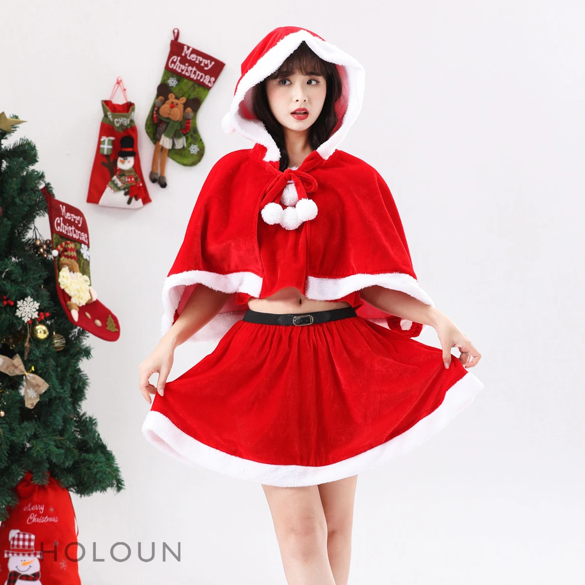 

HOLOUN Christmas Red Velvet Cape Cloak Women Girl Xmas 43-47CM Shawl Hoodie 32-42CM Skirt Santa Claus Winter Party Costume