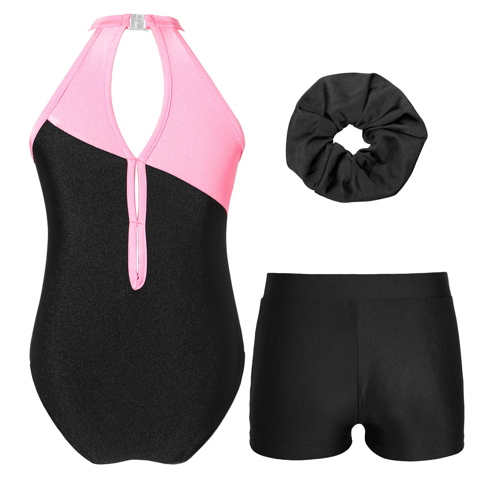 Kinderen Meisjes Ballet Dans Maillots Mouwloze Glanzende Strass Body met Haarband Shorts Gymnastiek Prestaties Danskleding