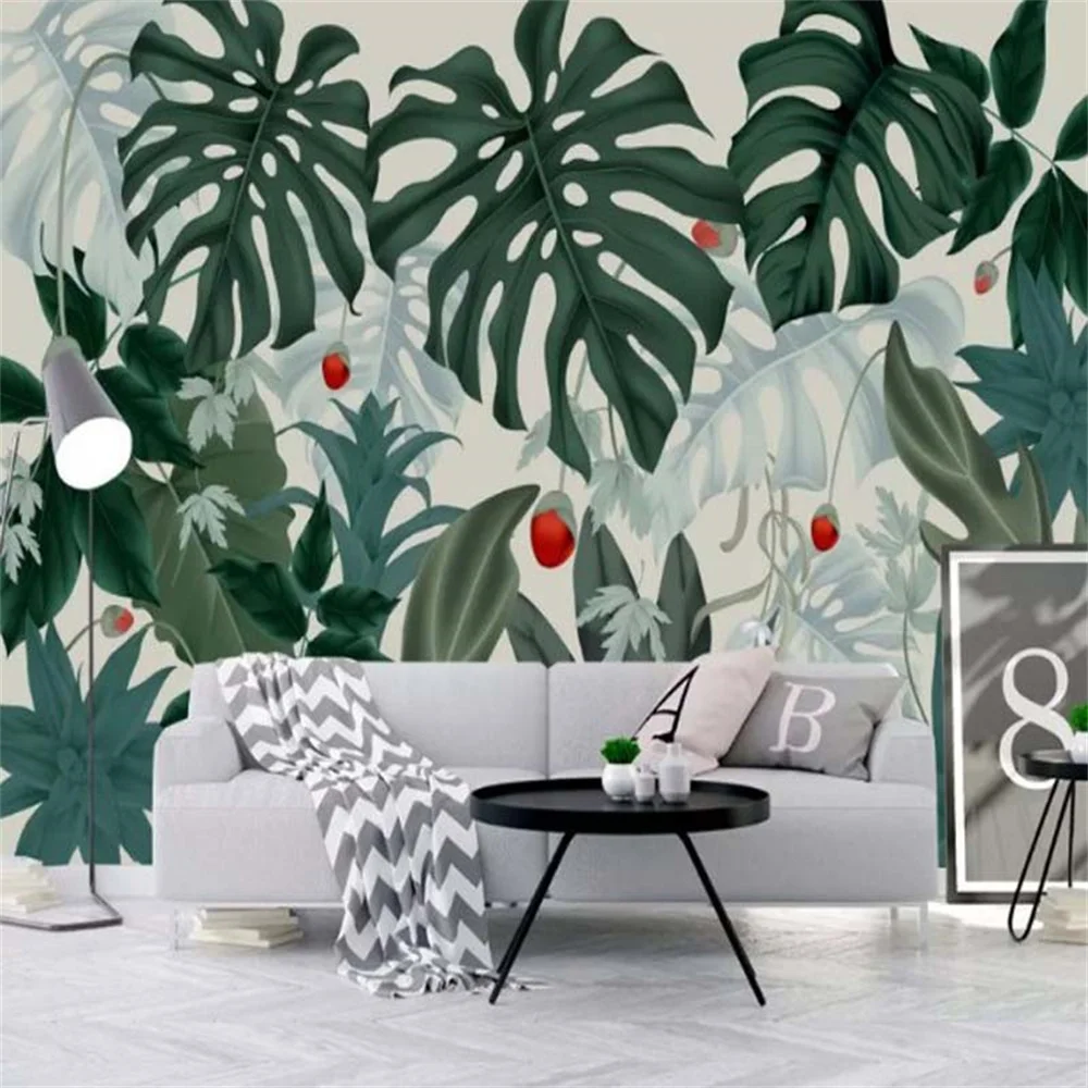 Custom 3D Monstera Deliciosa Wallpaper Mural - Modern Fresh Rainforest Plant Basho Leaf Pastoral Design for TV Background