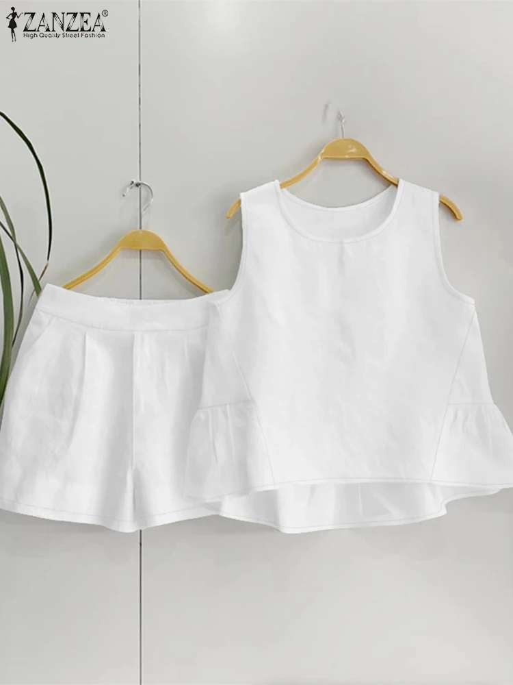 

ZANZEA Fashion Womens Short Sets Casual Summer Elastic Waist Shorts Ruffled Hem High-Low Tank Tops 2 Piece Sets 2PCS Outfits