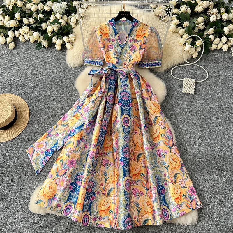 

Summer European American Retro Court Style Printed Dress Women's Cross V-neck Lace Up Mesh Bubble Sleeves Long Party Dress C195