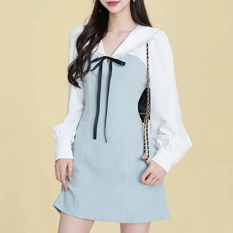 

Dress Long-Sleeved Contrast Color V-Neck Bow Waist Waist Women'S New Autumn New High-End Sweet Splicing A-Line Skirt