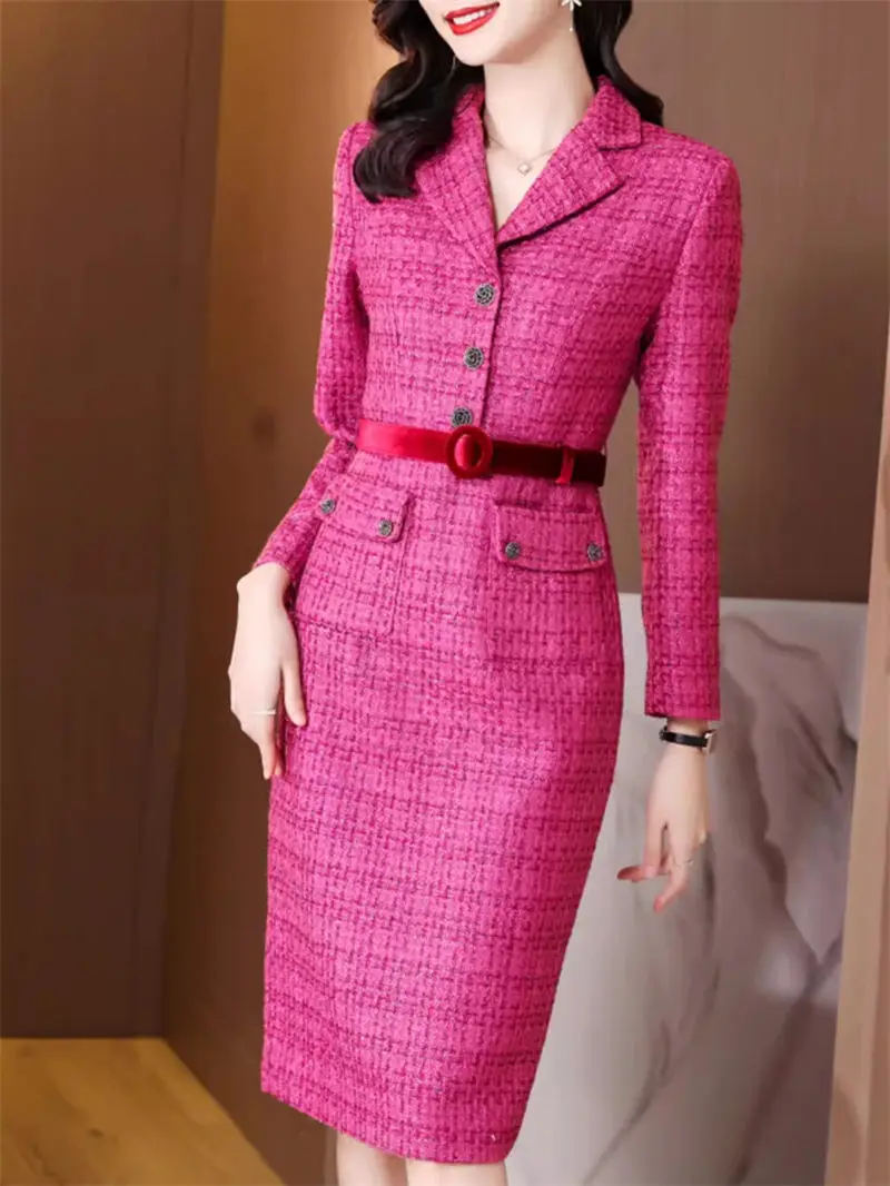 Autumn/Winter Suit Collar Dress For Women 2023 New High End Celebrity Style Slim Thick Tweed Wrapped Hip Dress Office Lady Z4060