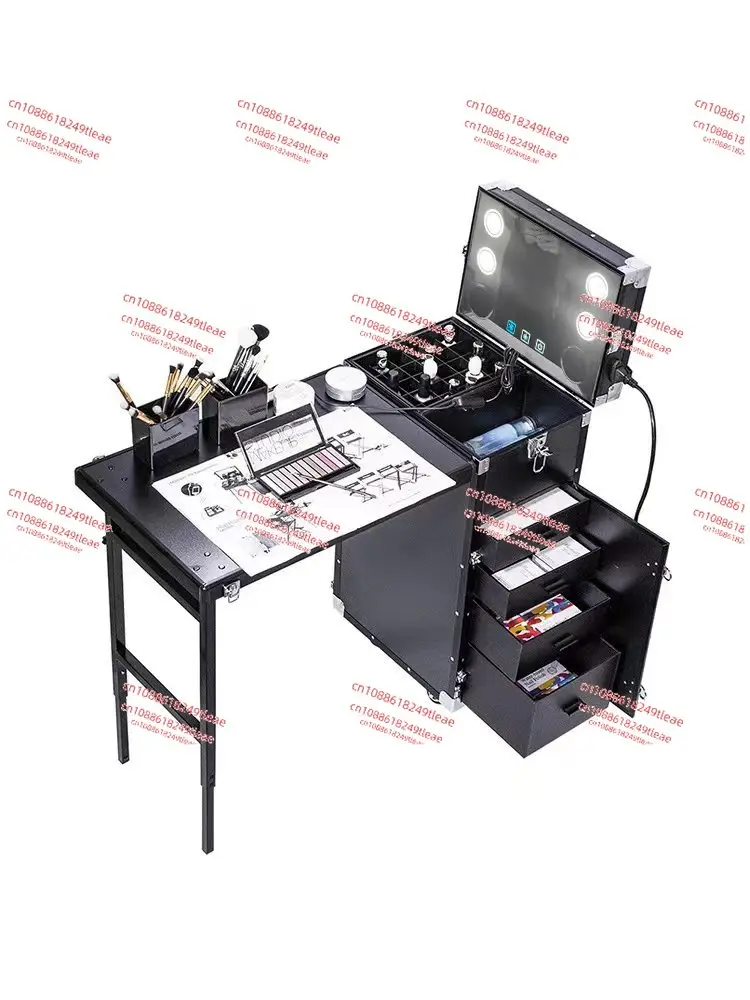 Black Cosmetic Workstation Folding Rolling Portable Case Nail Tech Tables Manicure with Bluetooth Audio