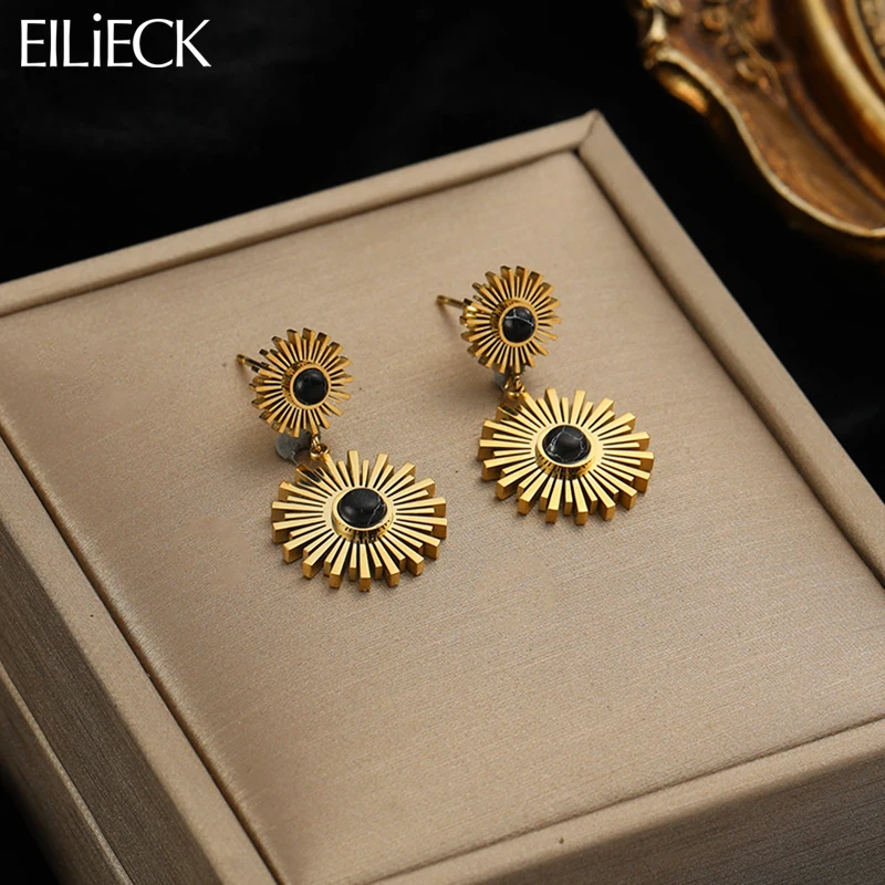 EILIECK 316L Stainless Steel Vintage Sun Black Stone Drop Earrings For Women Trendy Fashion Non-fading Ear Jewelry Gift Bijoux