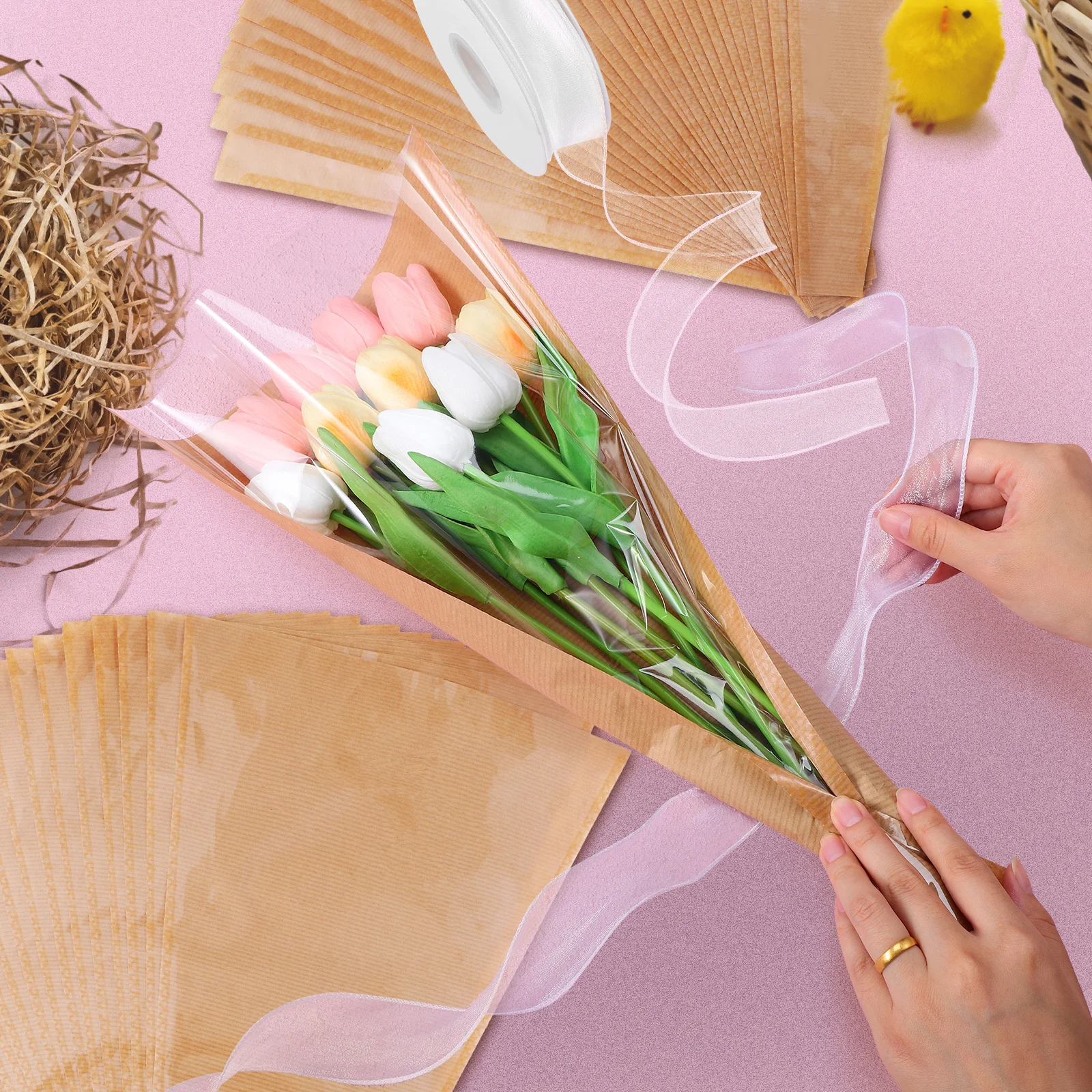 

1Set Kraft Paper Flower Bouquet Bag Transparent Side Ribbon Included Floral Wrap for Flower Packaging Bouquet Bags for Flowers