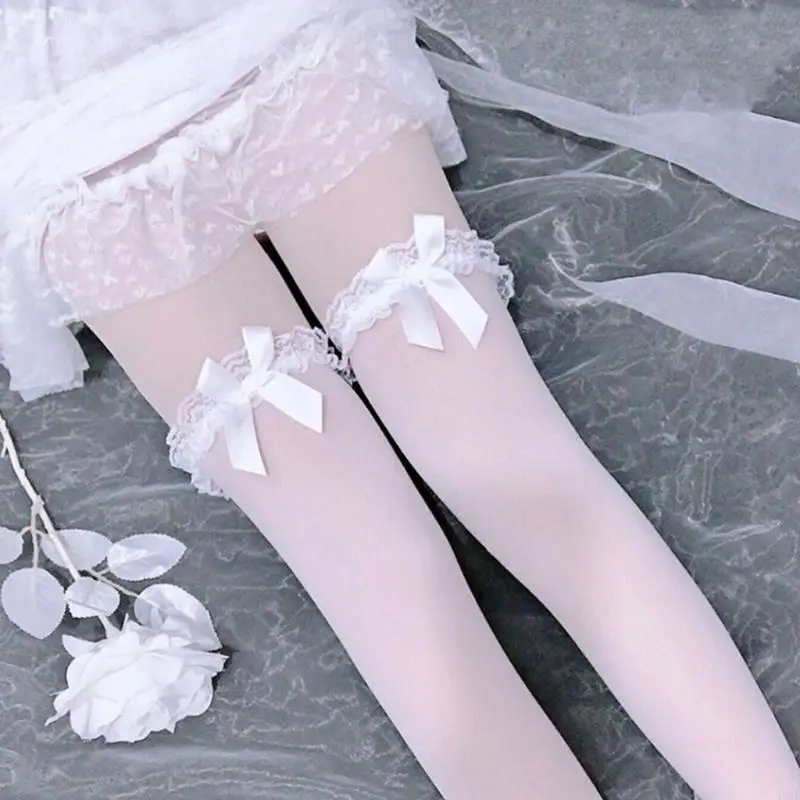 49MB Women Sweet Ruffled Lace Top Thigh High Stockings Bow Sexy See-Through Silky Over The Knee Cosplay Long Socks