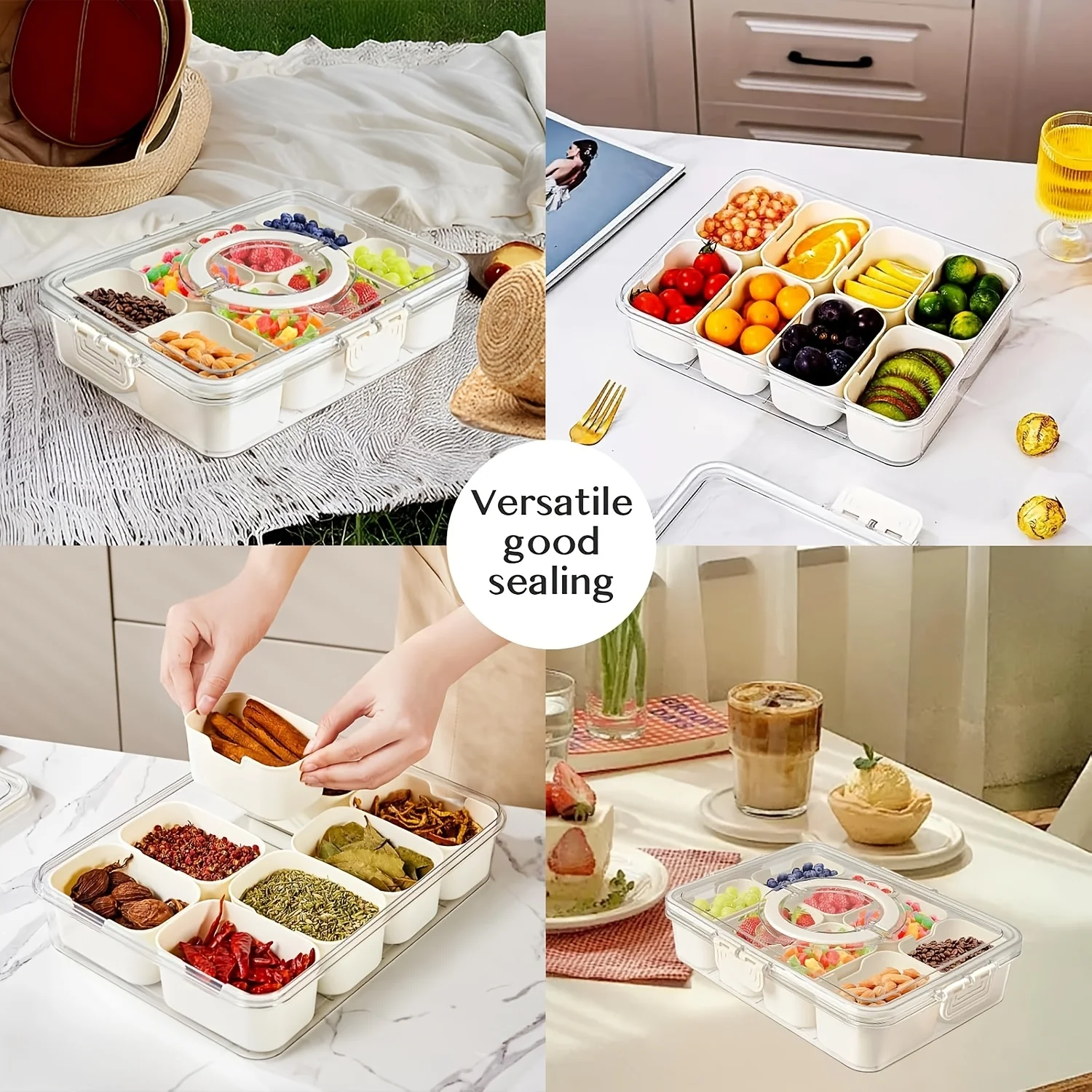 1/2 مجموعة حاوية علب الوجبات الخفيفة، صندوق الوجبات الخفيفة المحمول 8 مقصورات صينية تقديم مقسمة مع غطاء، منظم تخزين شفاف