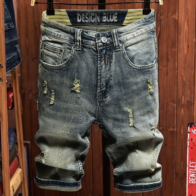 

Summer Fashion Trend Solid Color Perforated Straight Leg Elastic Denim Shorts For Men's Casual Loose Sports High-Quality Jeans