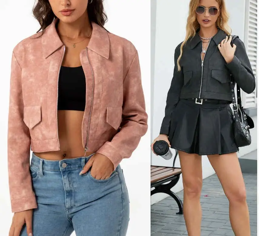 Women Lapel Pocket Suede Leather Jacket Sleeve Street Outwear Crop Faux Leather Coat