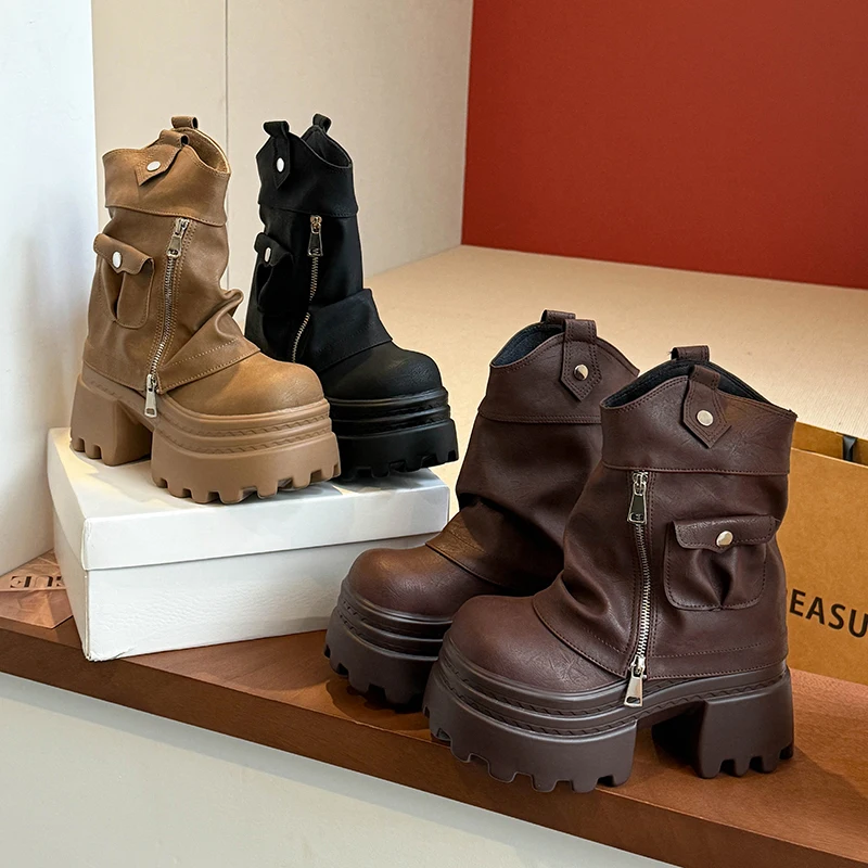 منصة عالية الكعب الأحذية النسائية مصمم أحذية من الجلد الشتاء البريدي تشيلسي أحذية بوت قصيرة 2025 الاتجاه دراجة نارية الأحذية امرأة مضخات #4