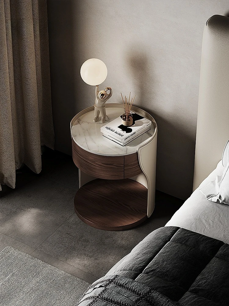 Hollow bedside table, modern simple bedroom home Internet celebrity light luxury leather bedside cabinet Italian