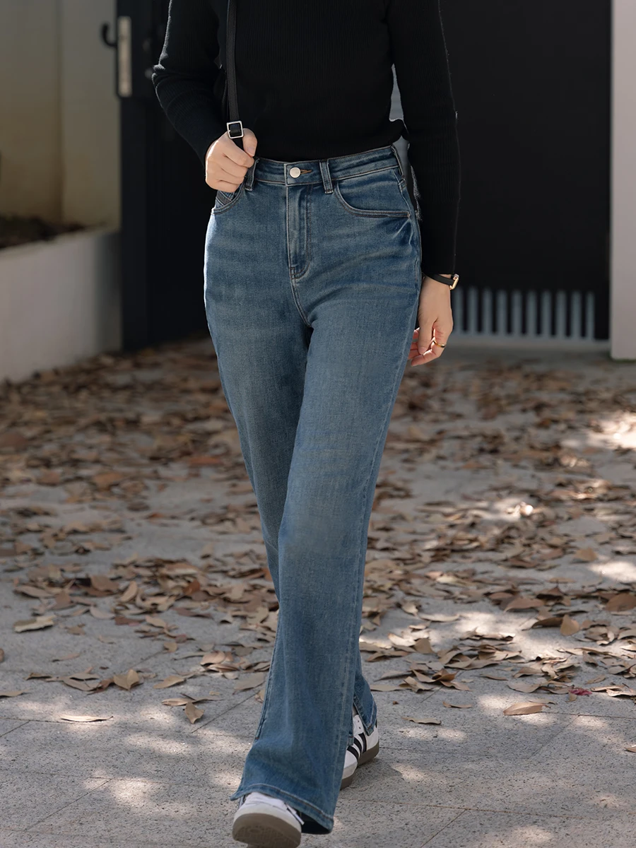 

Женские прямые джинсы на подкладке Fce, эластичный дизайн картофельных чипсов, осень-зима, новые синие широкие брюки с открытым разрезом