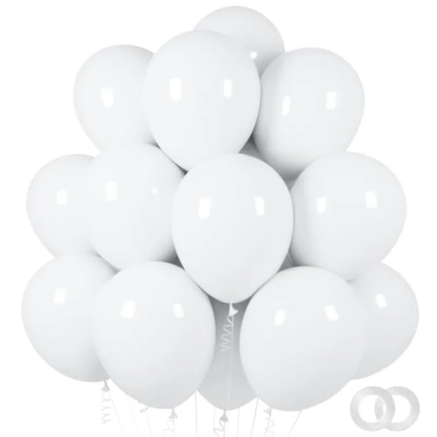 Decoraciones para bodas y fiestas: Globos de látex blancos de 12 pulgadas, paquete de 100 con rollos de cinta, listos para inflar con helio, duraderos y vibrantes para