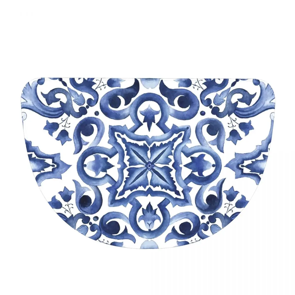 Blue Ornate Floral Mediterranean Sicilian Tile Soft Half Round Doormat Non Slip Bathroom Mat Absorbent Floor Carpet for Garage