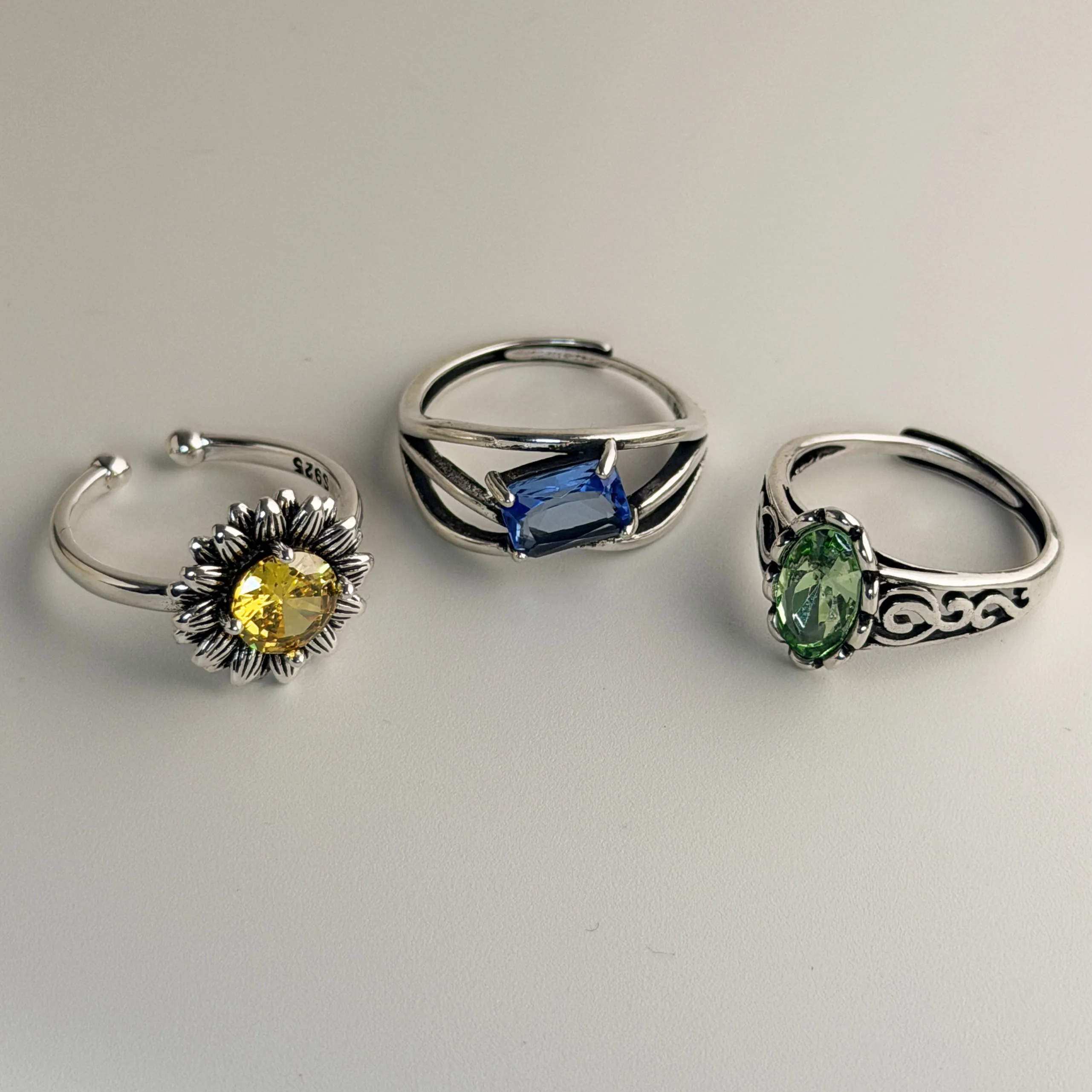 BF CLUB 925 Sterling Silver Ring For Women Jewelry Retro Green Stone Open Vintage Handmade Ring Allergy For Party Birthday Gift