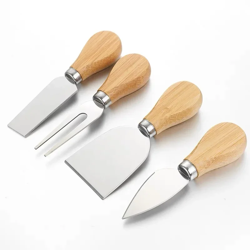 4pcs/set Wood Handle Knife Sets Bamboo Cheese Cutter Slicer Stainless Steel Cheedse   Board Kitchen  Tools