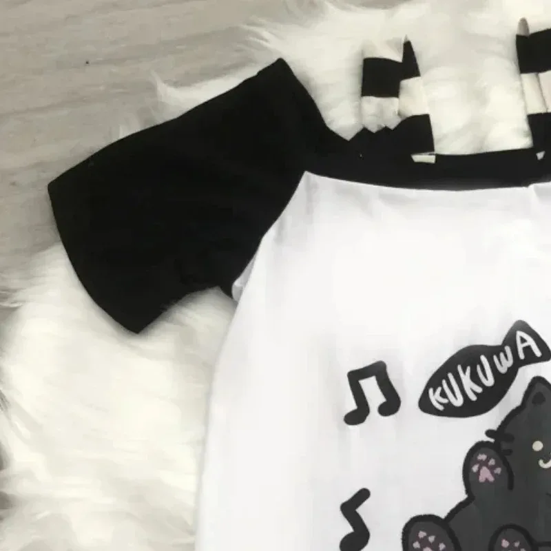 Japanese Patchwork Women Off Shoulder Graphic T Shirts Kawaii Cute Cartoon Print T-shirt Top Summer Y2k Aesthetic Grunge Tees