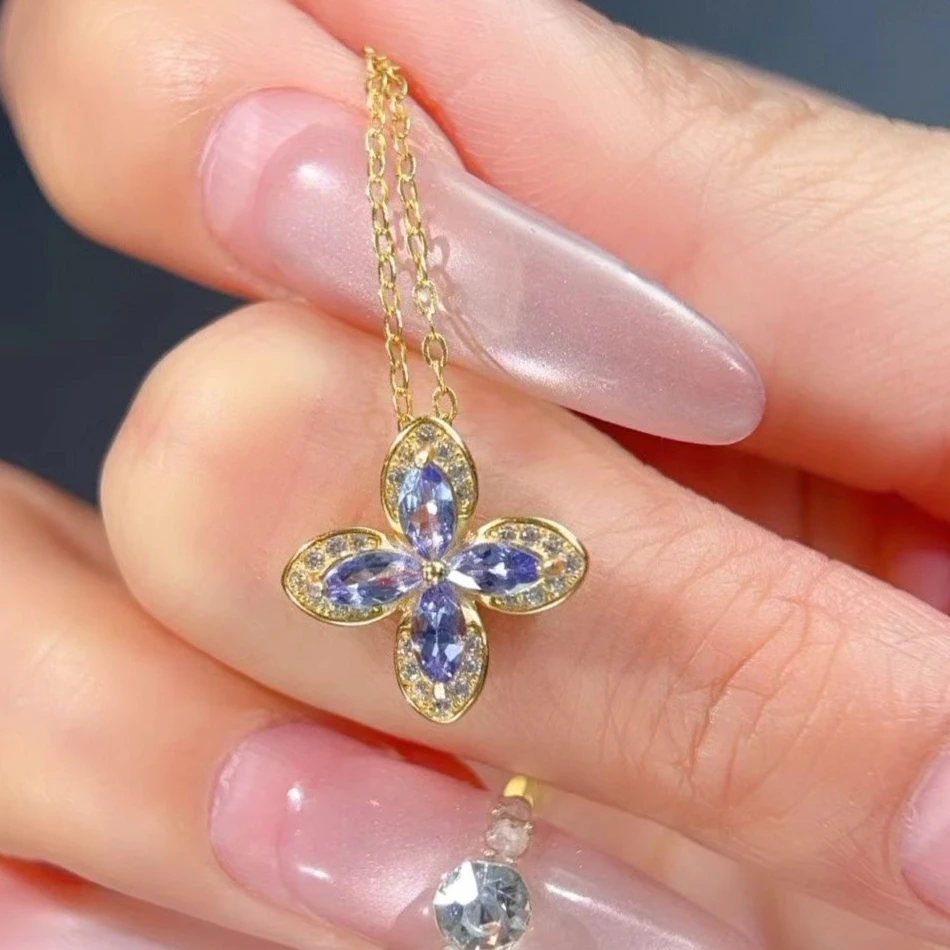 925 Silver Natural Tanzanite Flower Pendant with Necklace 2.5x5mm Genuine Tanzanite Pendant Micro Pave CZ Jewelry