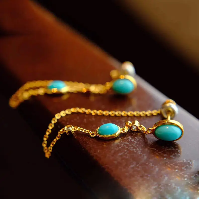 

Chinese Style Copper Gold-plated Natural Turquoise Long Style Temperament Double Chain Women's Earrings Retro Jewelry Gift