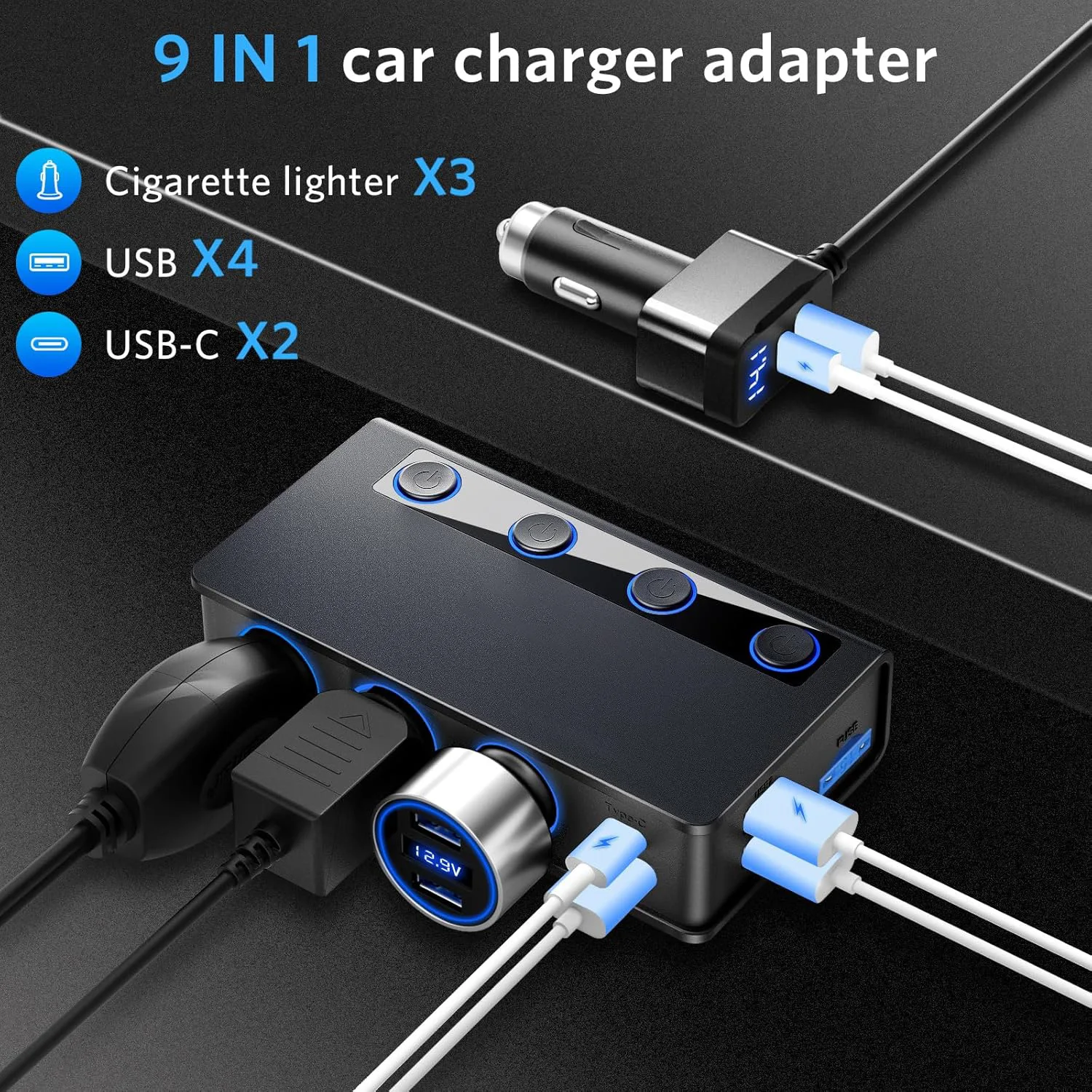 180W cigarette lighter splitter PD36W/65W QC3.0 18W * 4 charging ports 3 sockets LED voltage super car charger adapter 12V/24V