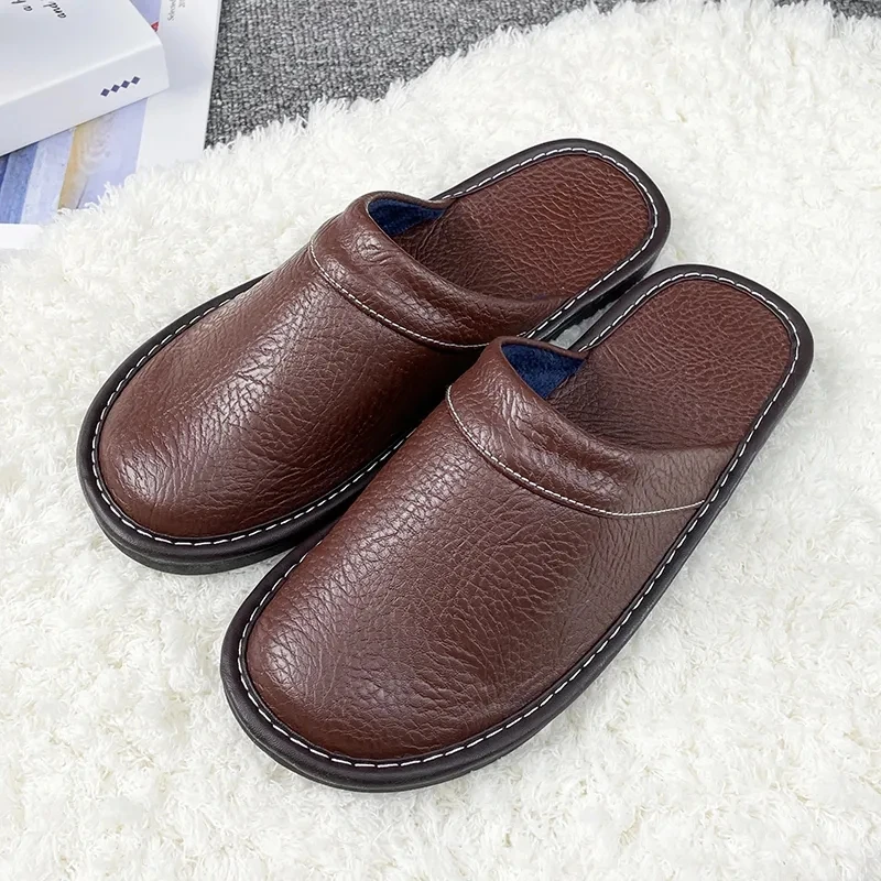 Black Home Leather Slippers Men\'s Indoor Flats Waterproof Autumn Lovers Shoes Classic House Couples Soft Leather Slippers
