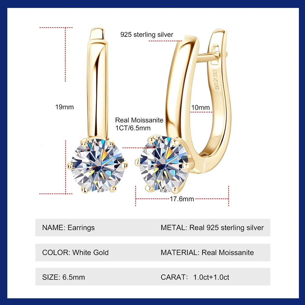 18K Gold Plated Moissanite Earrings 925 Silver Earring Original Certified 6.5mm Diamond Hoop Ear Clips for Women Jewelry Gift