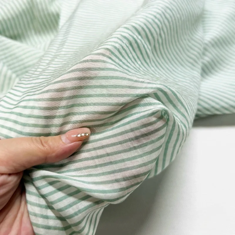 Light Green Horizontal Stripe Silk Cotton Satin Fabric Semi Sheer Dress Curtain Tablecloth DIY Handmade Sewing Craft Material view 2