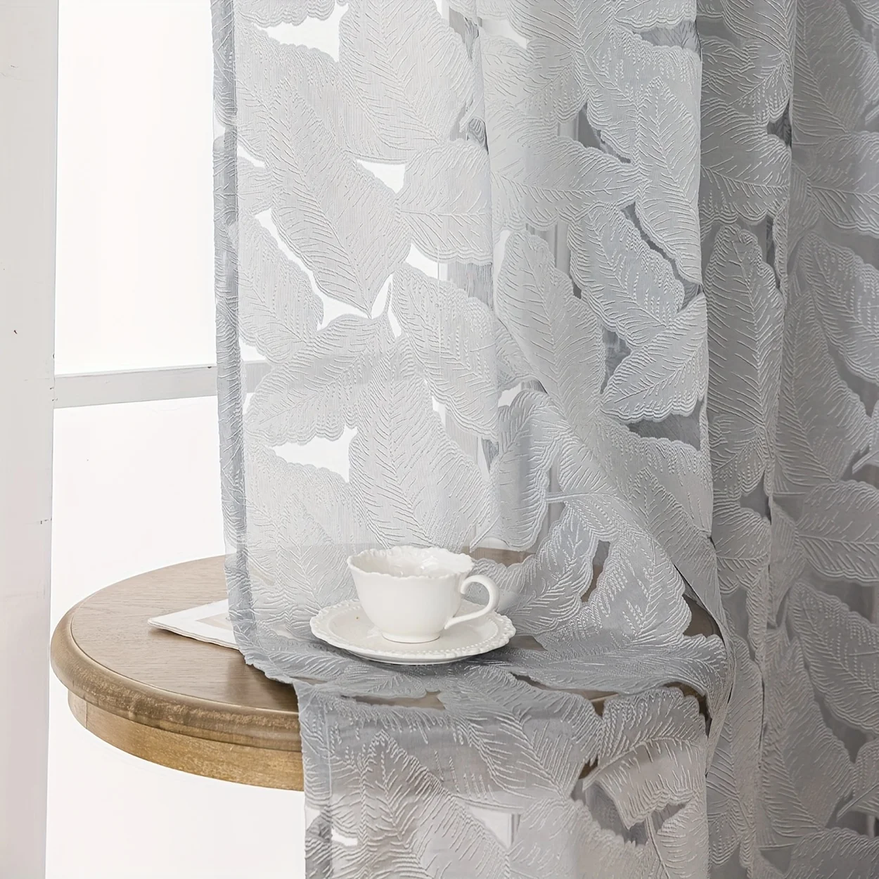 1pc Grey Feather Pattern Sheer Curtain Textured Voile Light Filtering Drapes for Living Room Bedroom Home Decor