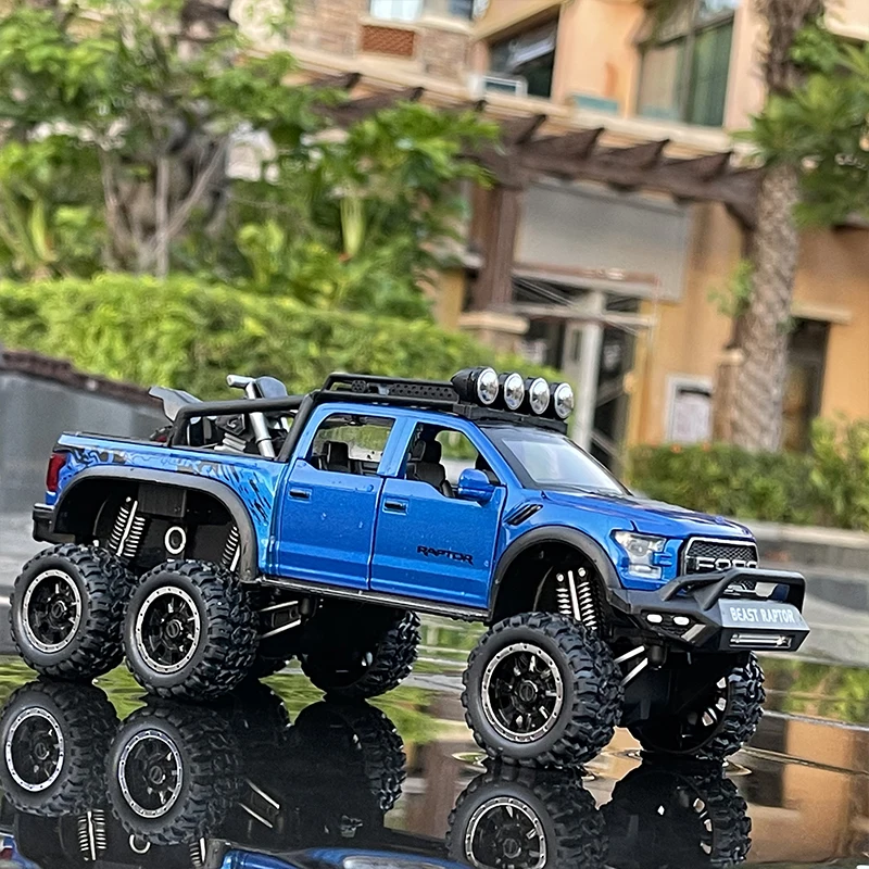 Ford Raptor F150 – grande roue en alliage moulé sous pression, modèle de voiture avec son et lumière, jouets pour enfants, cadeaux de noël, 1:28