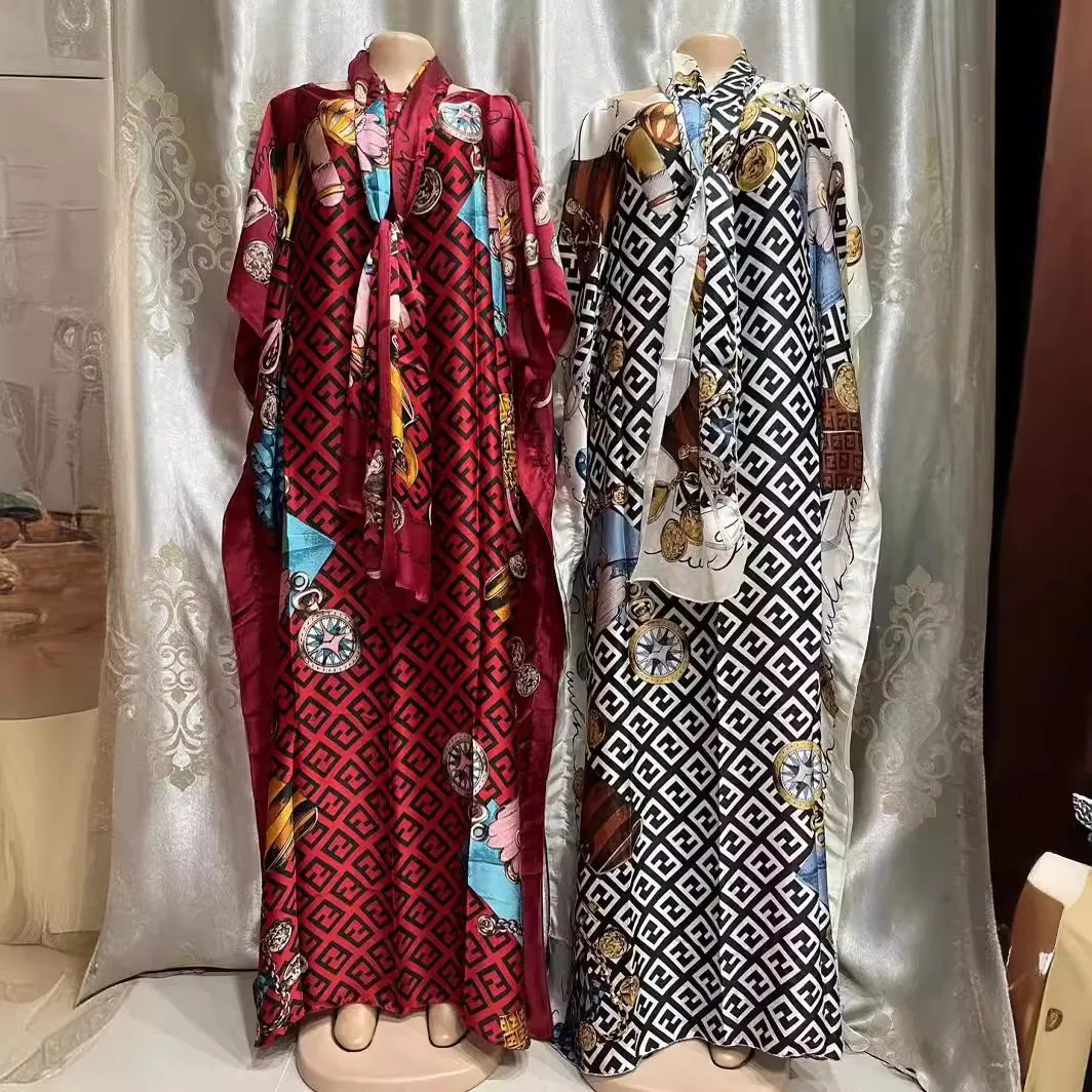 여성용 실크 같은 프린트 롱 드레스와 어울리는 헤드 스카프 - 우아한 O 넥 플로위 파티 드레스