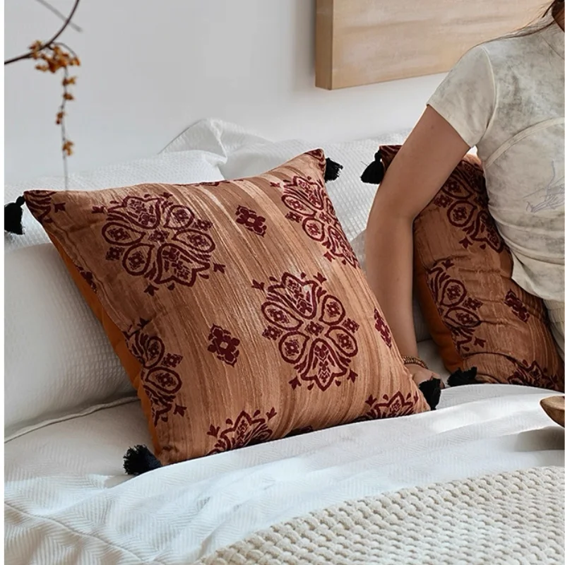 Chinese Flora Jacquard Pillows Retro Orange Cushion Case Luxury Square Decorative Pillow Cover For Sofa Chair Home Decorations