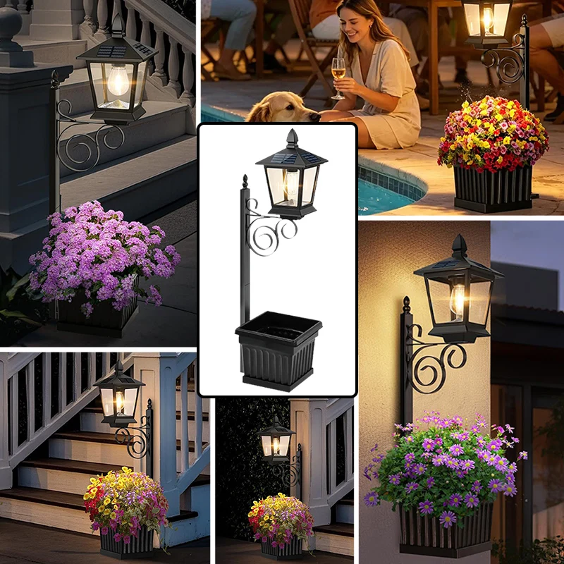 

2in1(Wall/Stand)Solar Lamp Post with Planter Solar Light Planter Outdoor Planters Auto On/Off Flower Lamp for Patio Yard Front