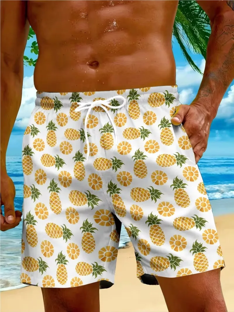 

Men's Pineapple Print Beach Shorts Tropical Pineapple & Rainbow Zigzag Graphic Quick Dry Swim Trunks Hawaiian Ice Shorts