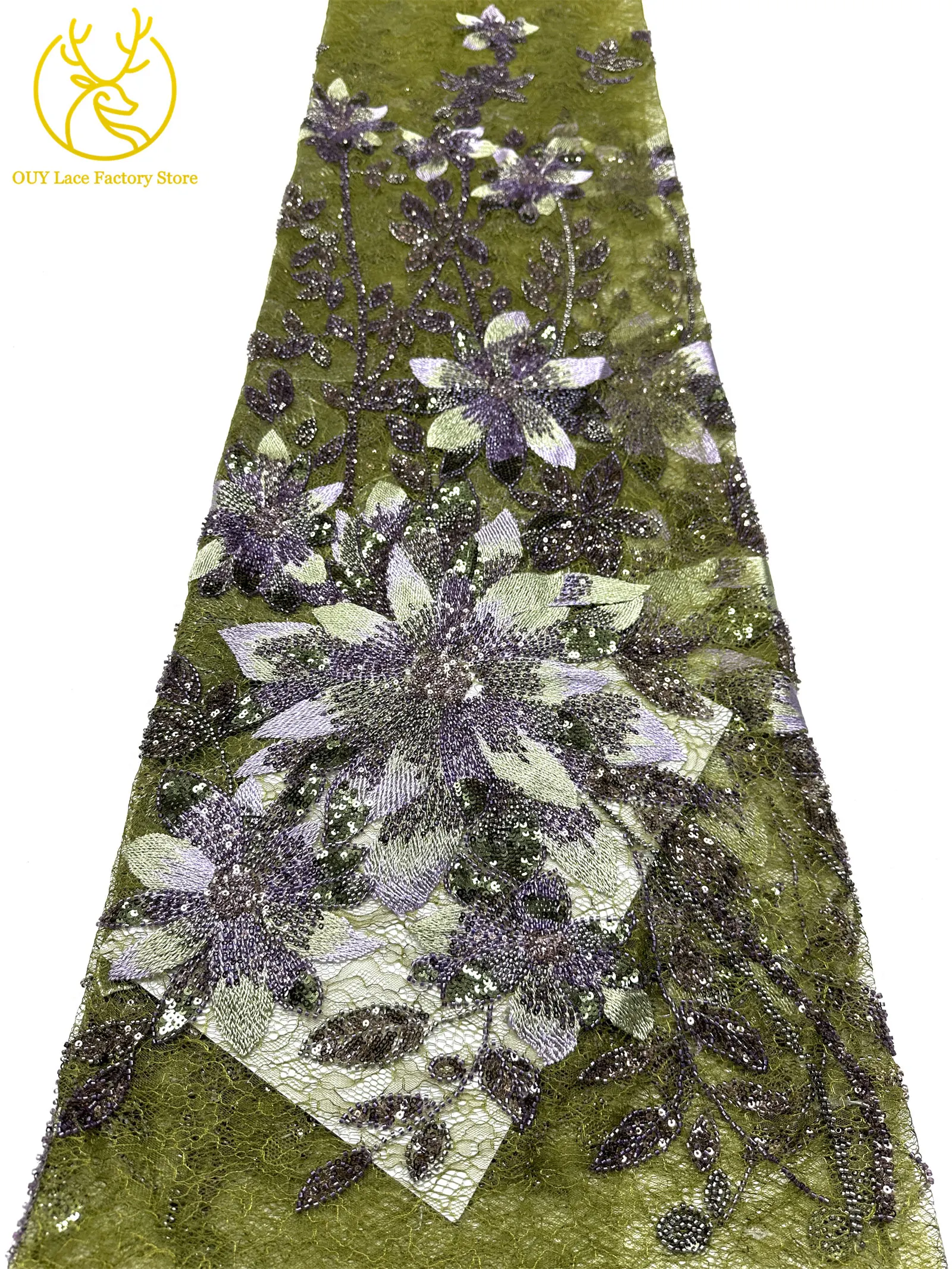 3D-Stickerei-Blattapplikation mit Pailletten, Röhrenperlen und Spitze, hochwertiger französischer Tüllspitzenstoff für Hochzeitskleider, Brautkleider und Partykleider zum Nähen. – Detail 14
