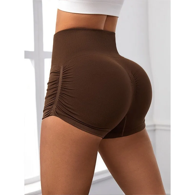 Women Seamless Wrinkles Shorts High Elastic Yoga Shorts High Waist Sexy Hip Liftting  Summer Gym Trainning Running Leggings